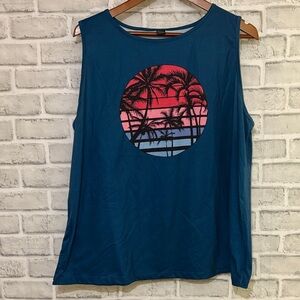 Emery Rose Teal Sleeveless Tee with Palm Design, 2XL